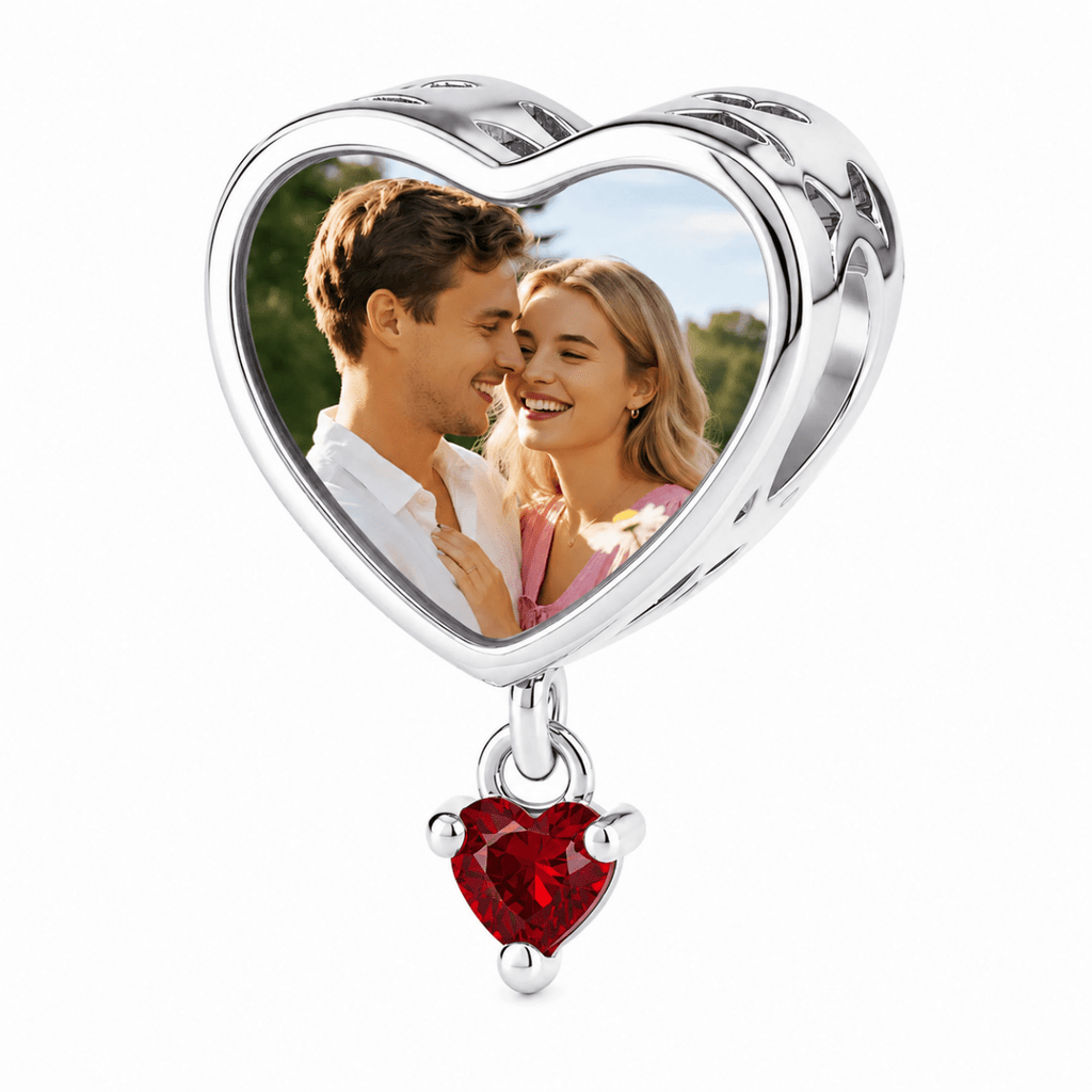 Personalized Photo & Engraved Heart Birthstone Dangle Charm