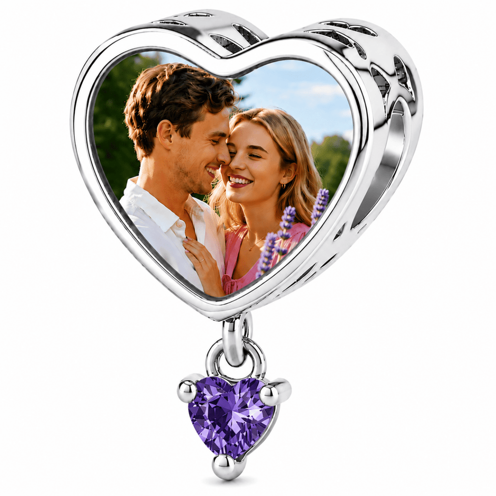 Personalized Photo & Engraved Heart Birthstone Dangle Charm