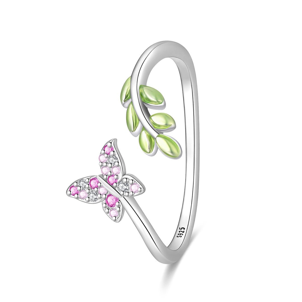 Pink Butterfly & Green Leaf Adjustable Ring