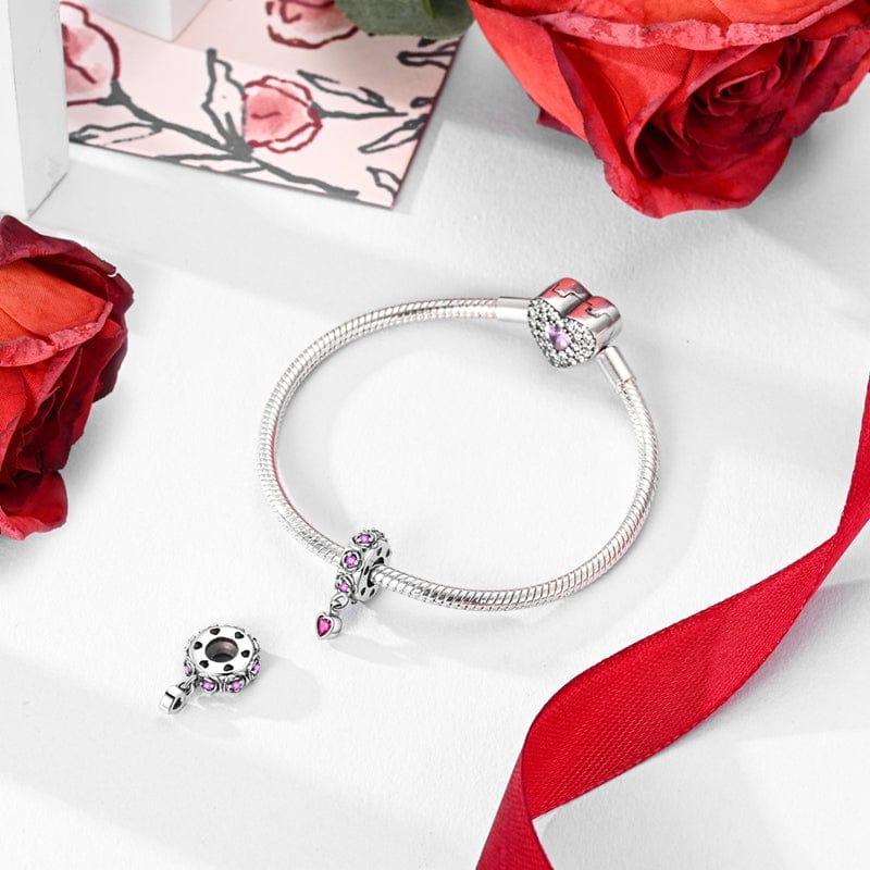 Pink Heart Rose Petal Dangle Charm