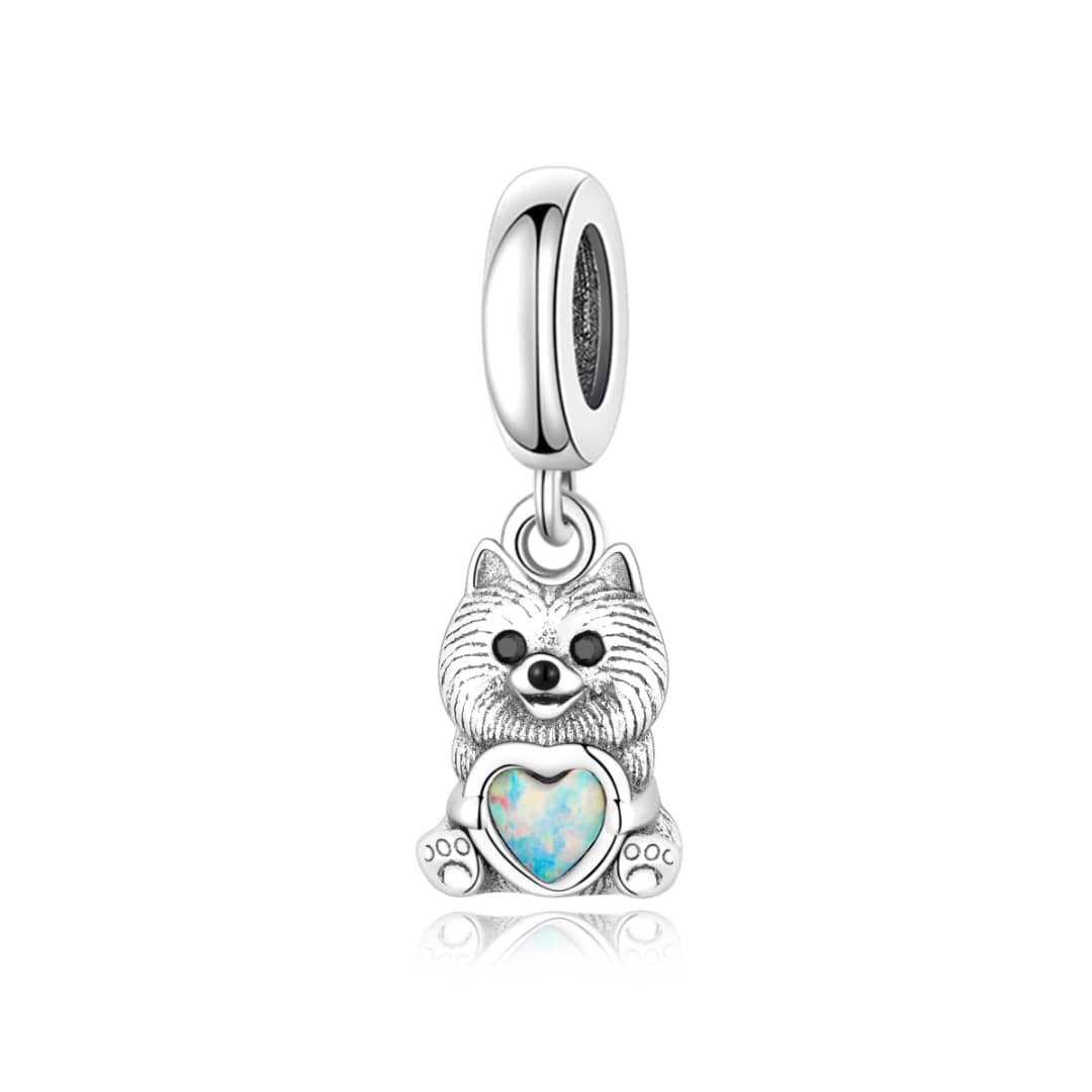 Pomeranian Dog with Heart Stone Dangle Charm