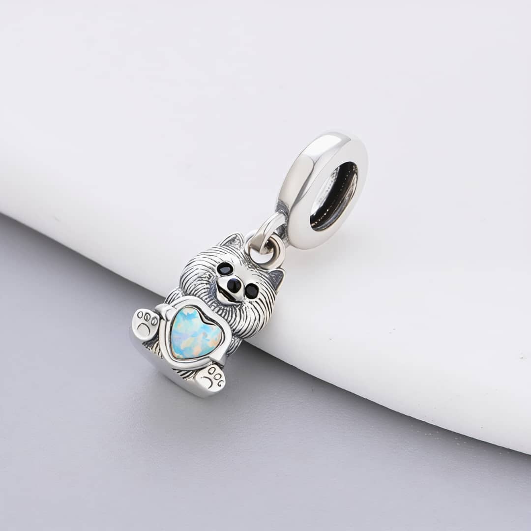 Pomeranian Dog with Heart Stone Dangle Charm