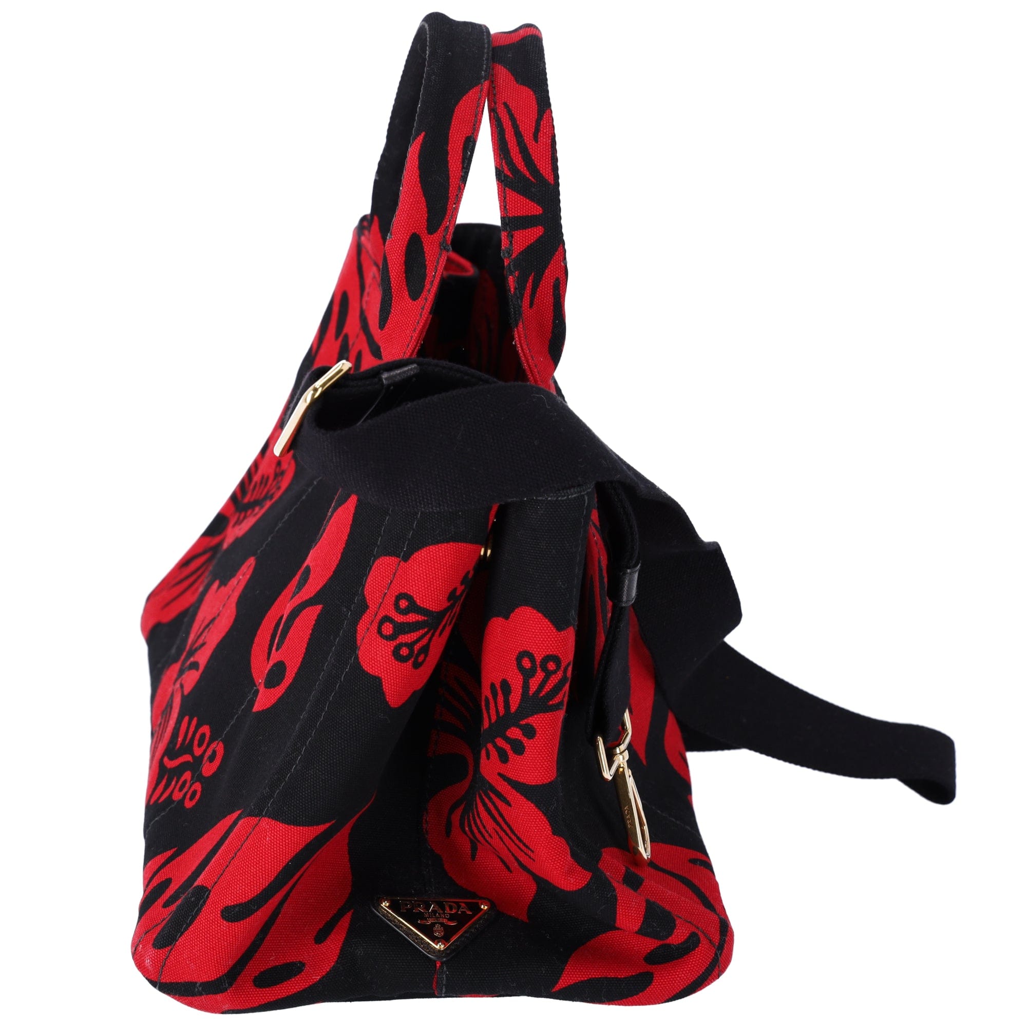 PRADA Canapa Tote Bag Black Red Canvas Leaves Print