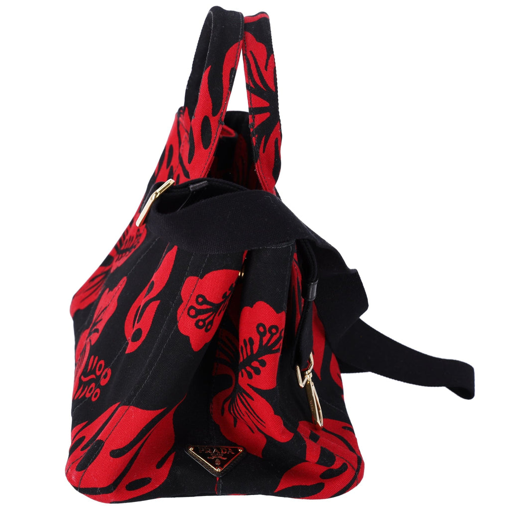 PRADA Canapa Tote Bag Black Red Canvas Leaves Print