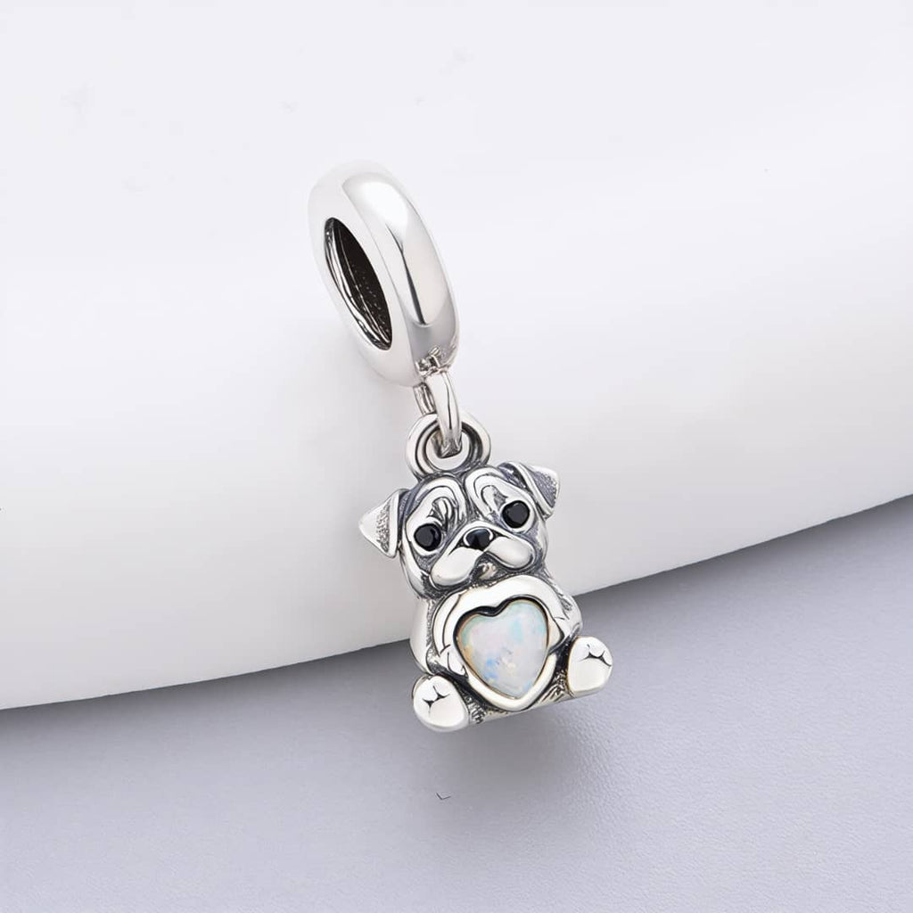Pug Dog with Heart Stone Dangle Charm