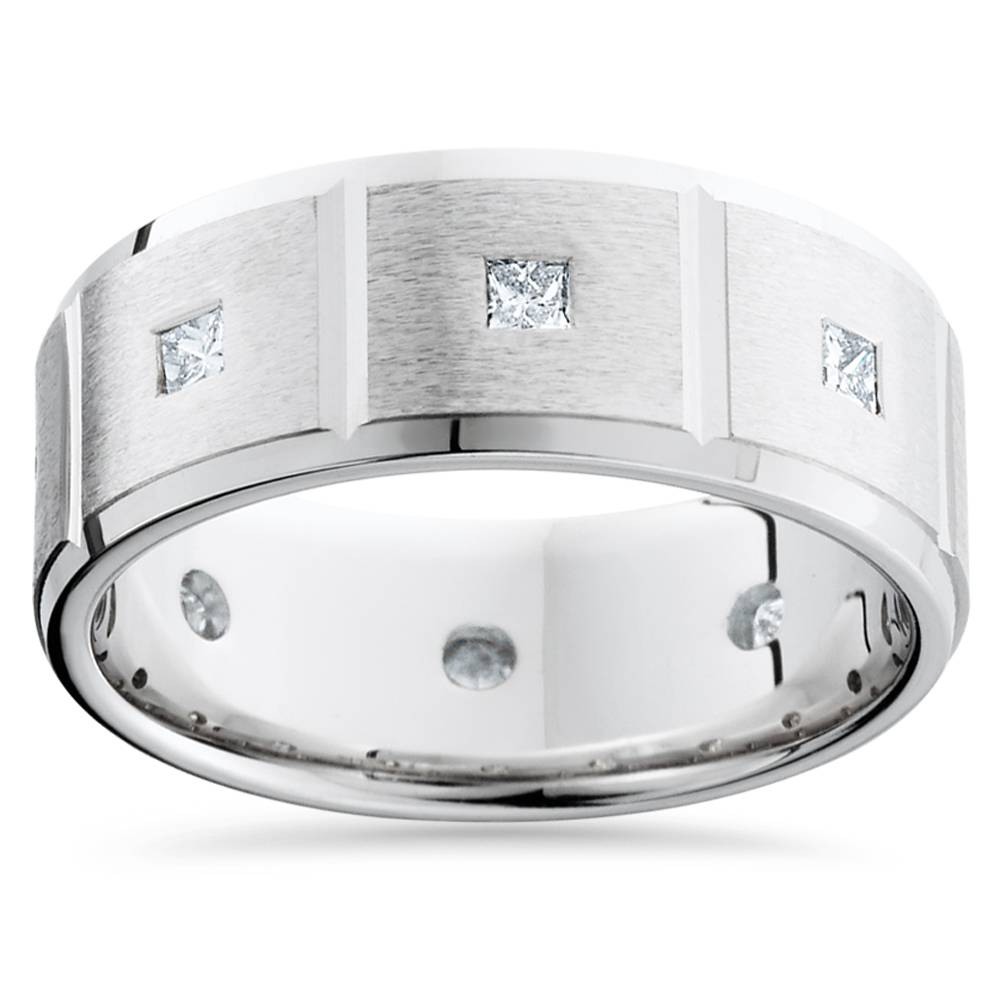 Mens Princess Cut Diamond Wedding Ring Comfort Fit Brushed Bevel 14K White Gold Size Selectable
