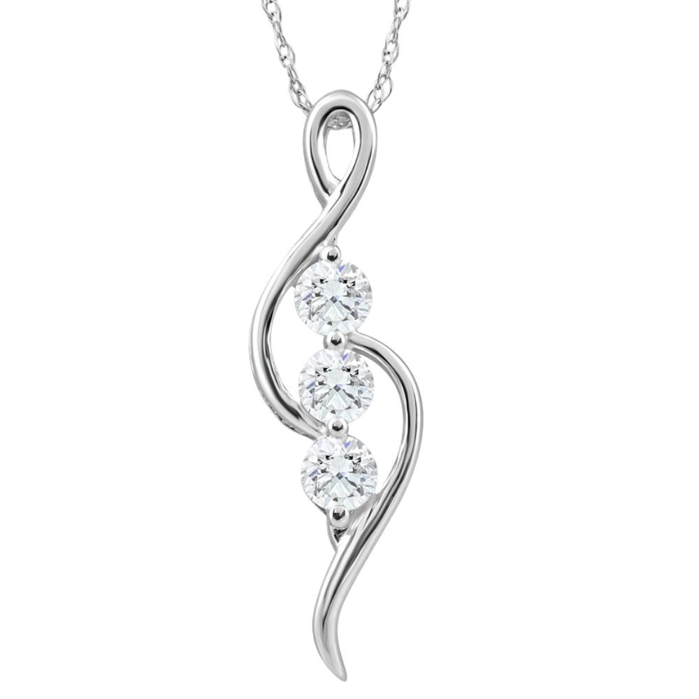 1/3Ct TW Three Stone Diamond Pendant 10k White Gold Women's Necklace 23mm tall