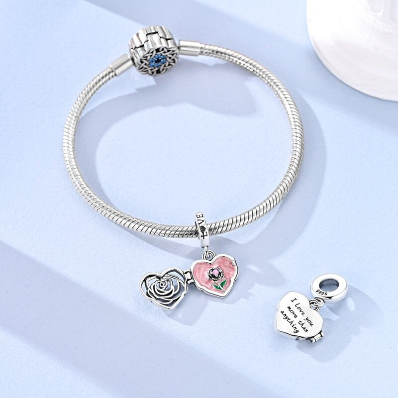 Rose Heart Locket “I Love You More Than Anything” Dangle Charm