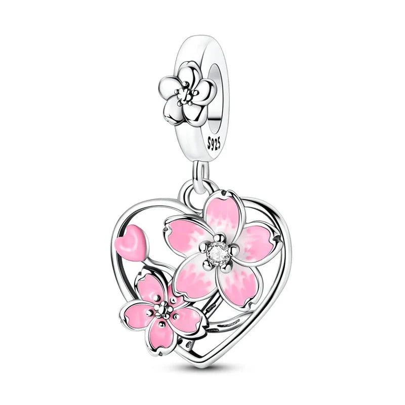 Rotating Cherry Blossom Heart Dangle Charm