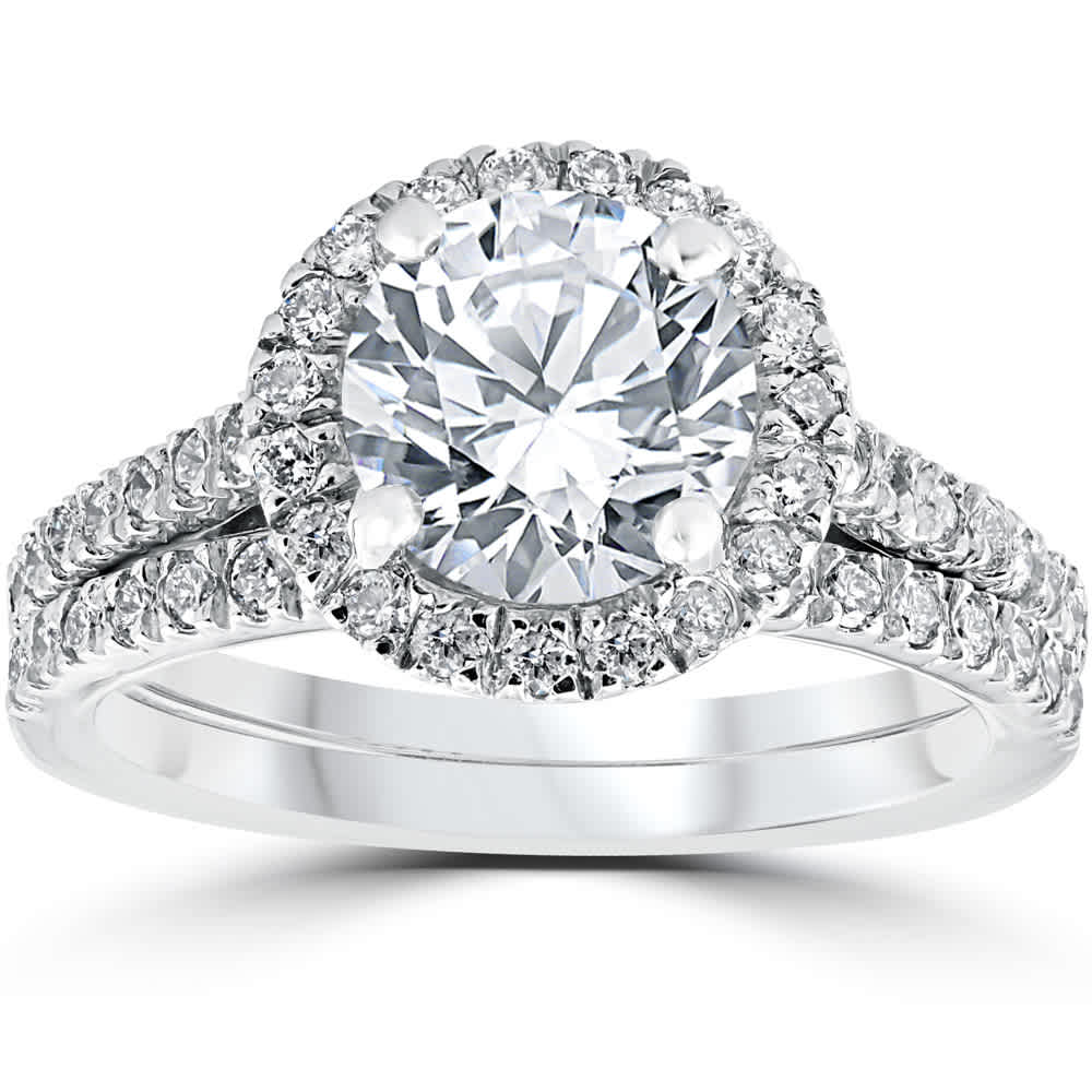 2 3/4Ct Halo Diamond Engagement Wedding Ring Set 14k White Gold Lab Grown