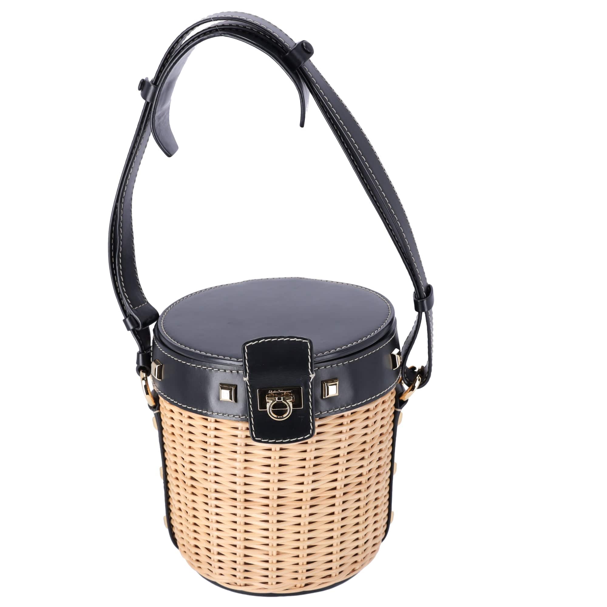 Salvatore Ferragamo Gancini Drawstring Bucket Bag Wicker Studded Leather + Pouch