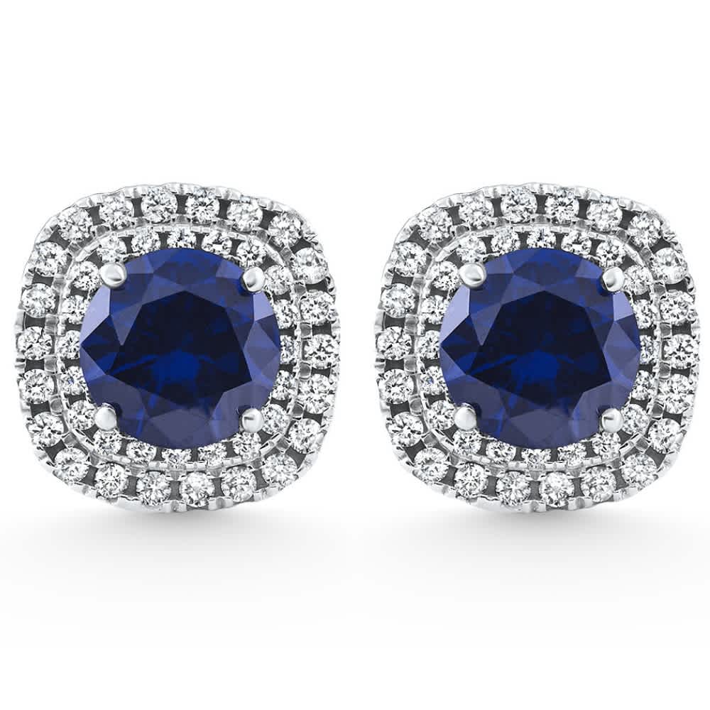 2.65Ct Cushion Halo Blue Sapphire Diamond Studs 14k White Gold Earring Lab Grown