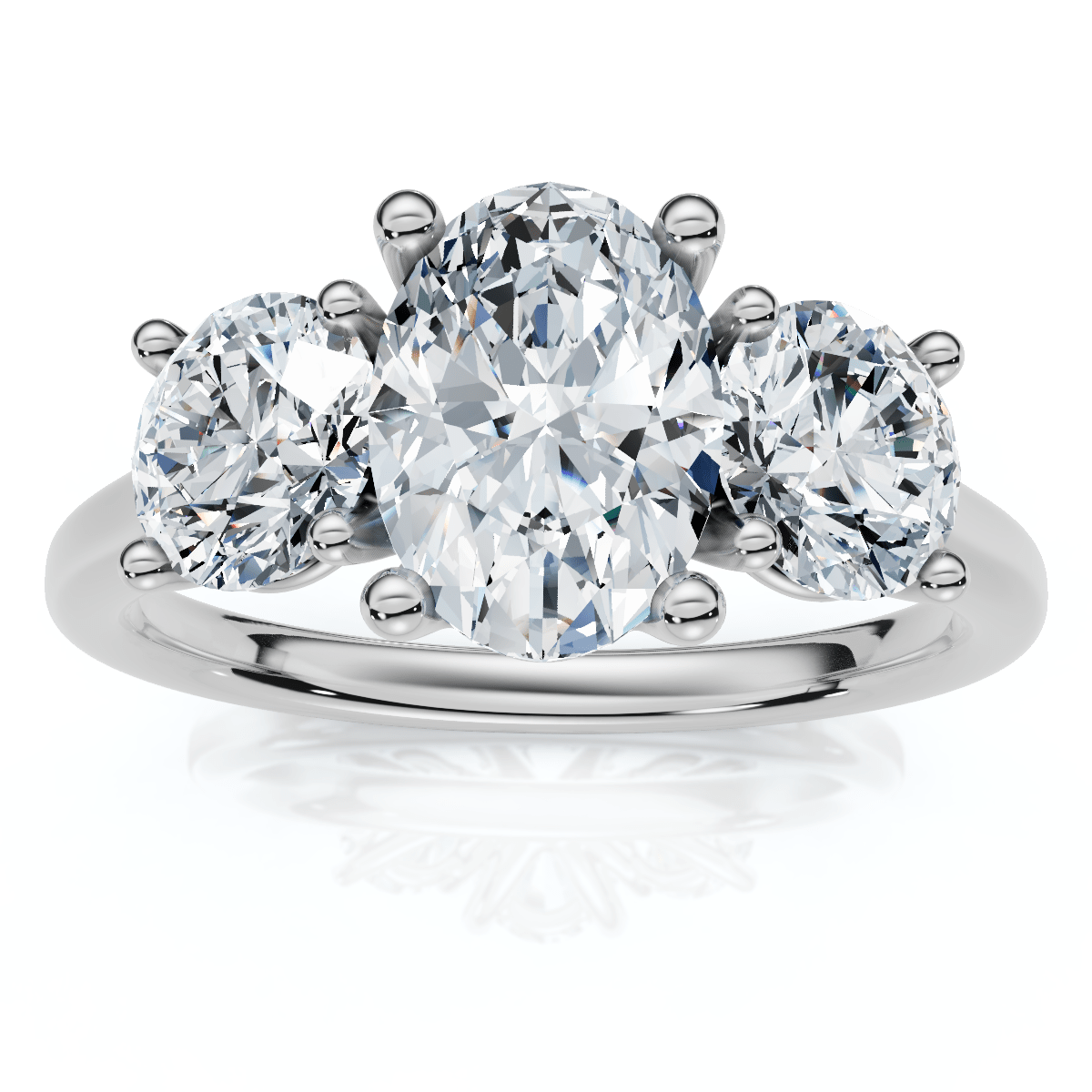 2Ct TWW Oval Lab Grown 3-Stone Diamond Engagement Ring in White or Yellow Gold
