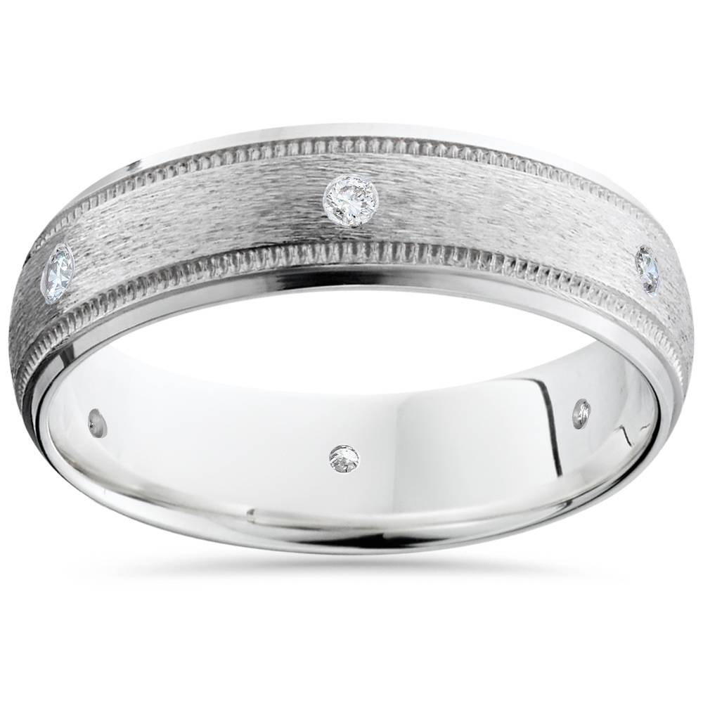 Mens 14K White Gold Diamond Wedding Brushed Band Ring Size Selectable