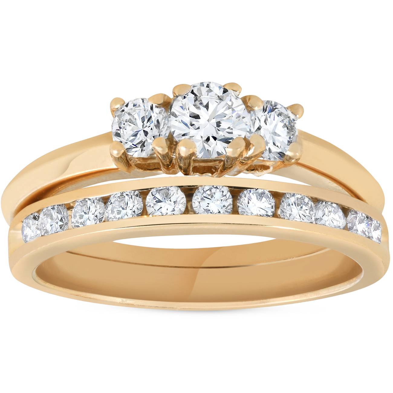 14k Yellow Gold 1ct Diamond Engagement Wedding Ring Set 3Stone Channel Set Round Size Selectable
