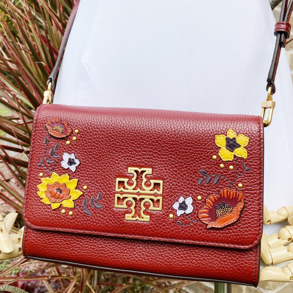 Tory Burch Britten Embellished Combo Crossbody Pebbled Leather Blood Red Floral