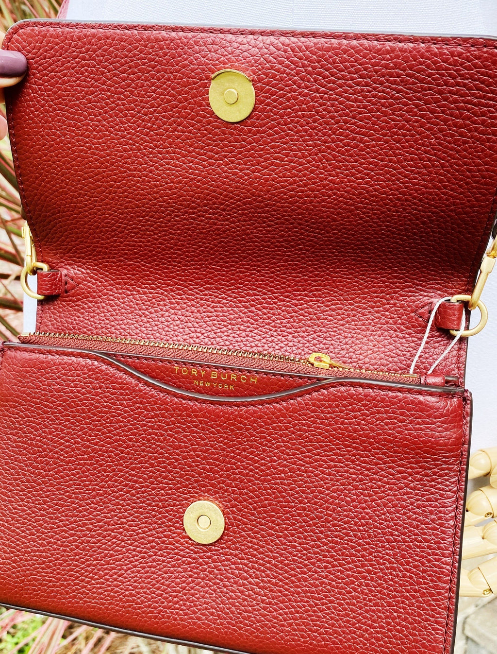 Tory Burch Britten Embellished Combo Crossbody Pebbled Leather Blood Red Floral