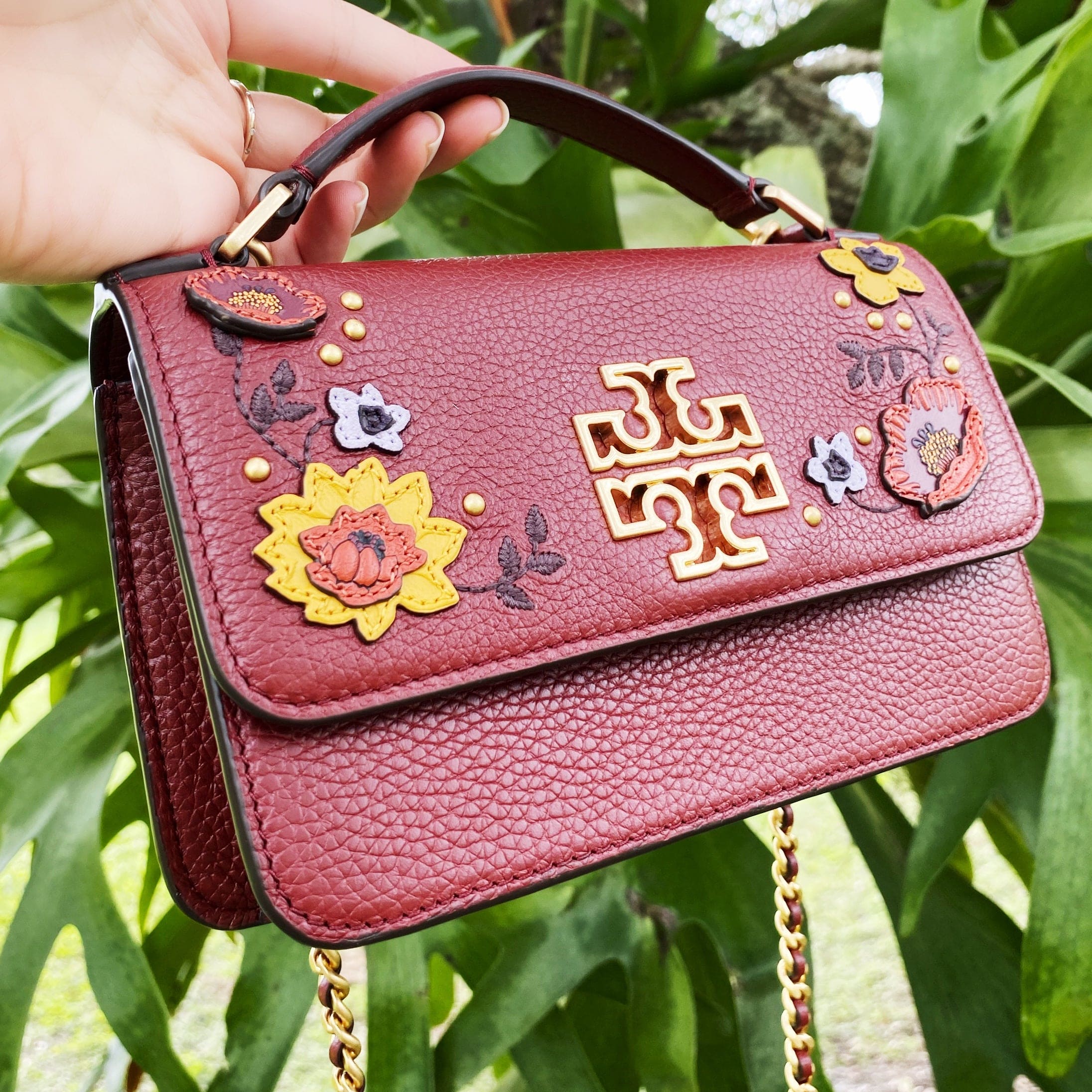 Tory Burch Britten Embellished Mini Top Handle Bag Crossbody Blood Red Floral