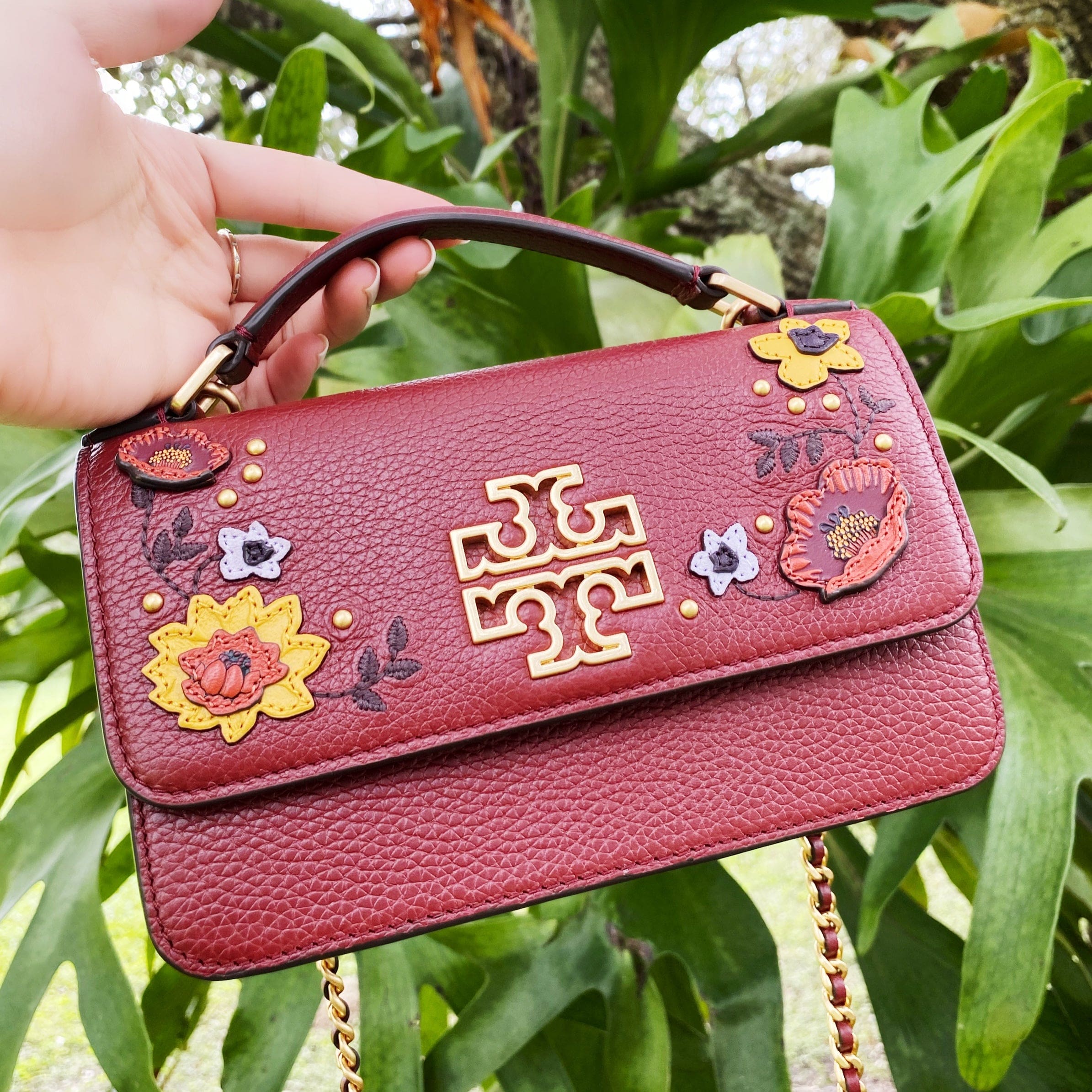 Tory Burch Britten Embellished Mini Top Handle Bag Crossbody Blood Red Floral