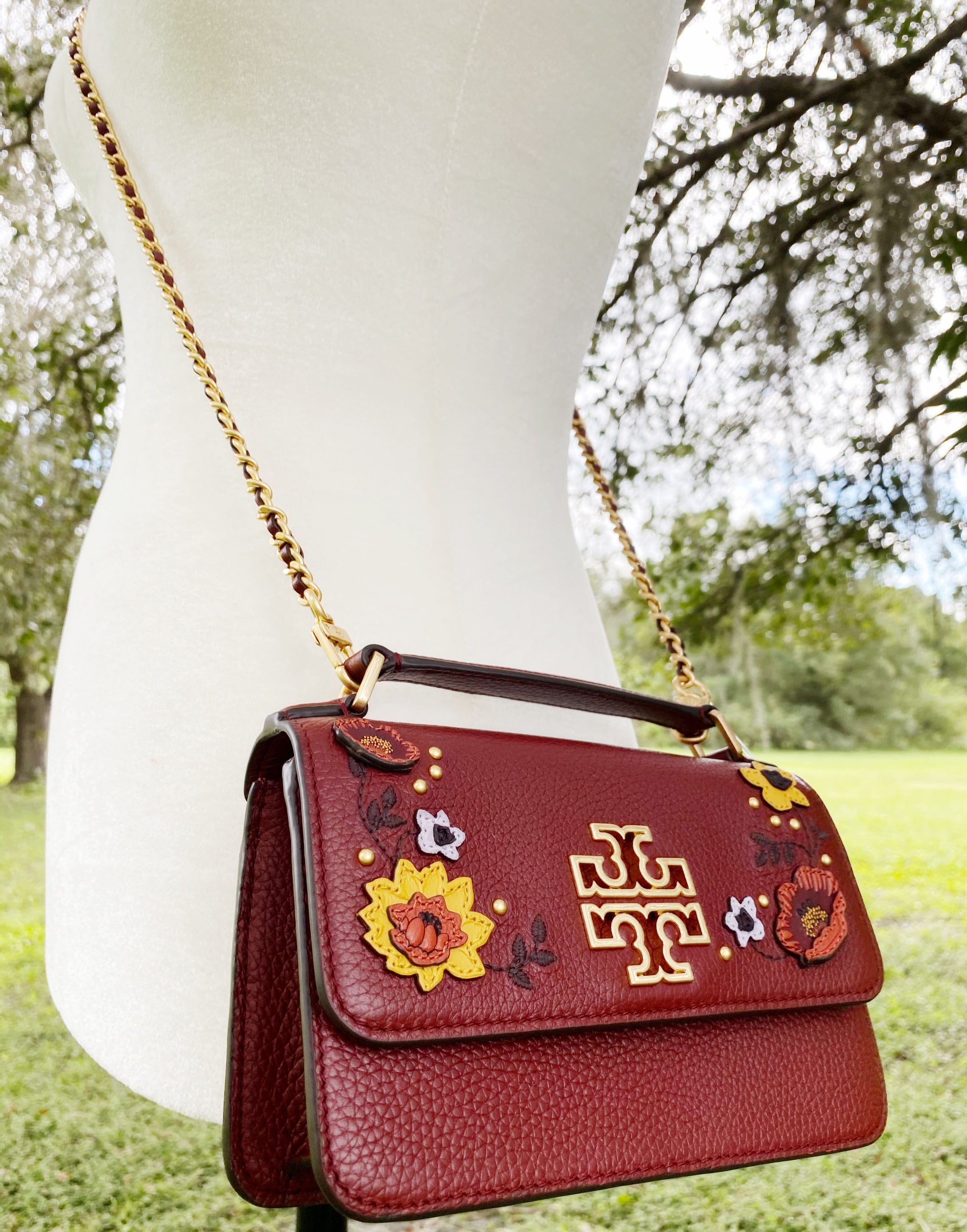 Tory Burch Britten Embellished Mini Top Handle Bag Crossbody Blood Red Floral
