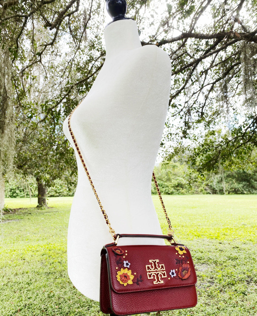 Tory Burch Britten Embellished Mini Top Handle Bag Crossbody Blood Red Floral