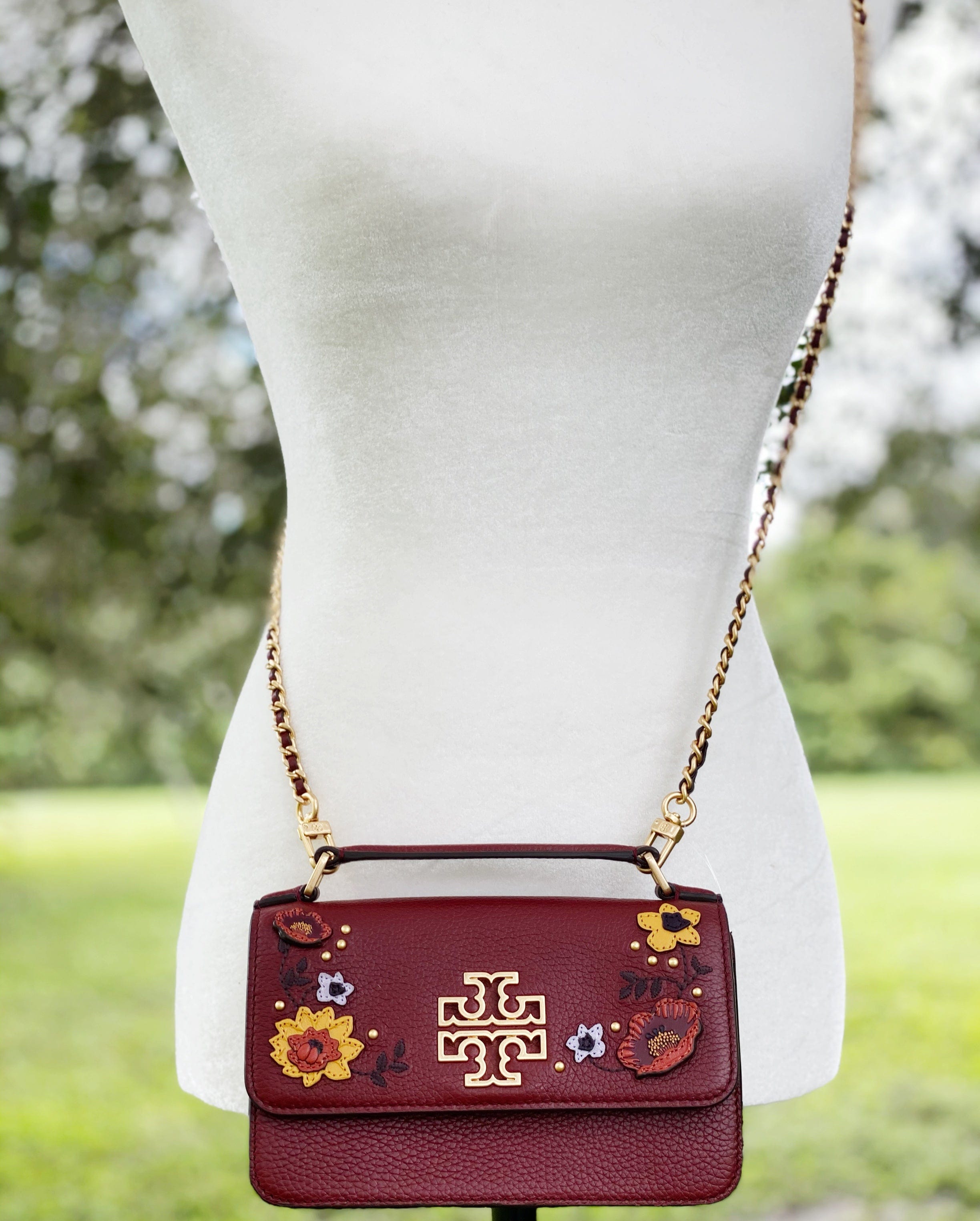 Tory Burch Britten Embellished Mini Top Handle Bag Crossbody Blood Red Floral