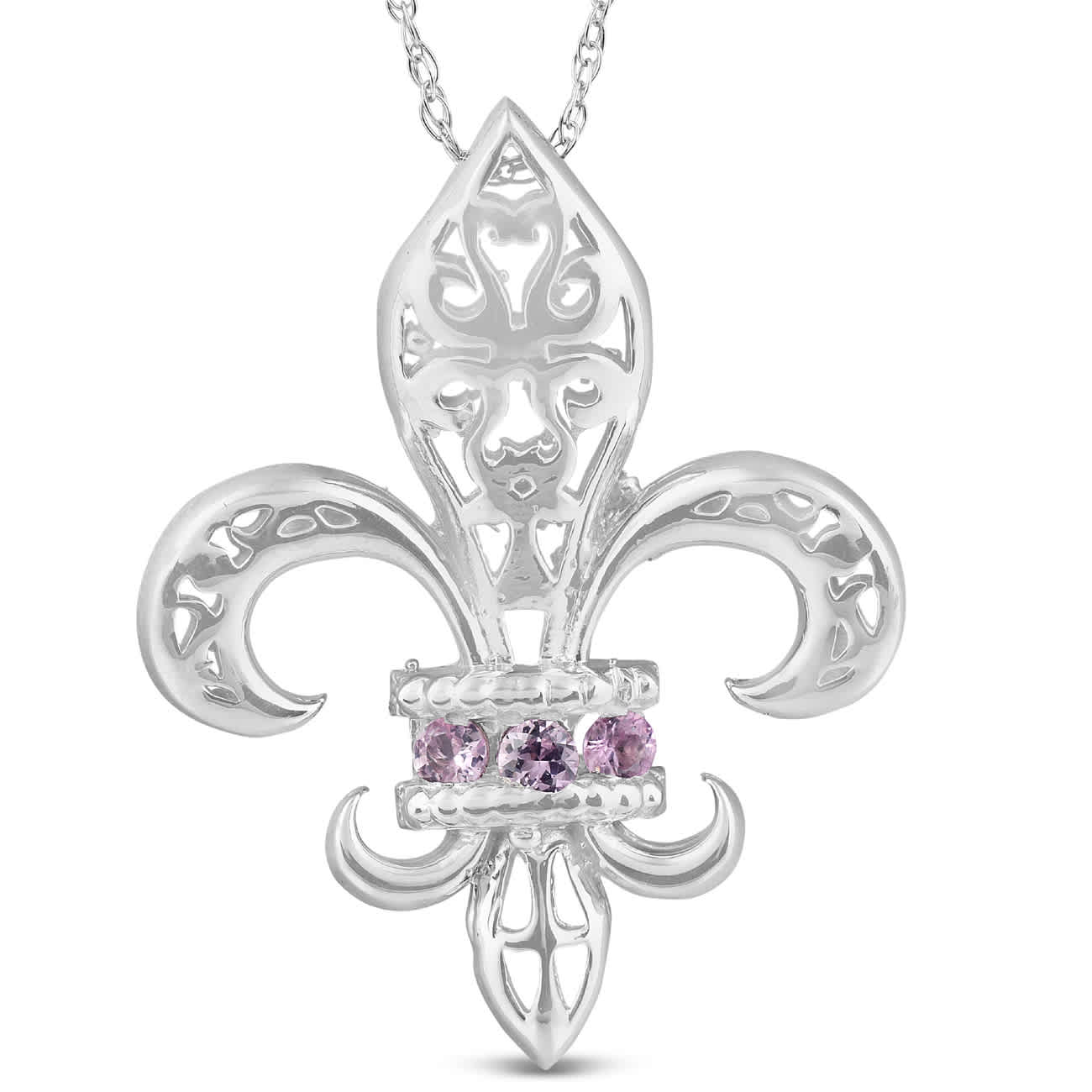 Pink Sapphire Vintage Fleur De Lis Pendant 10KT White Gold 1"