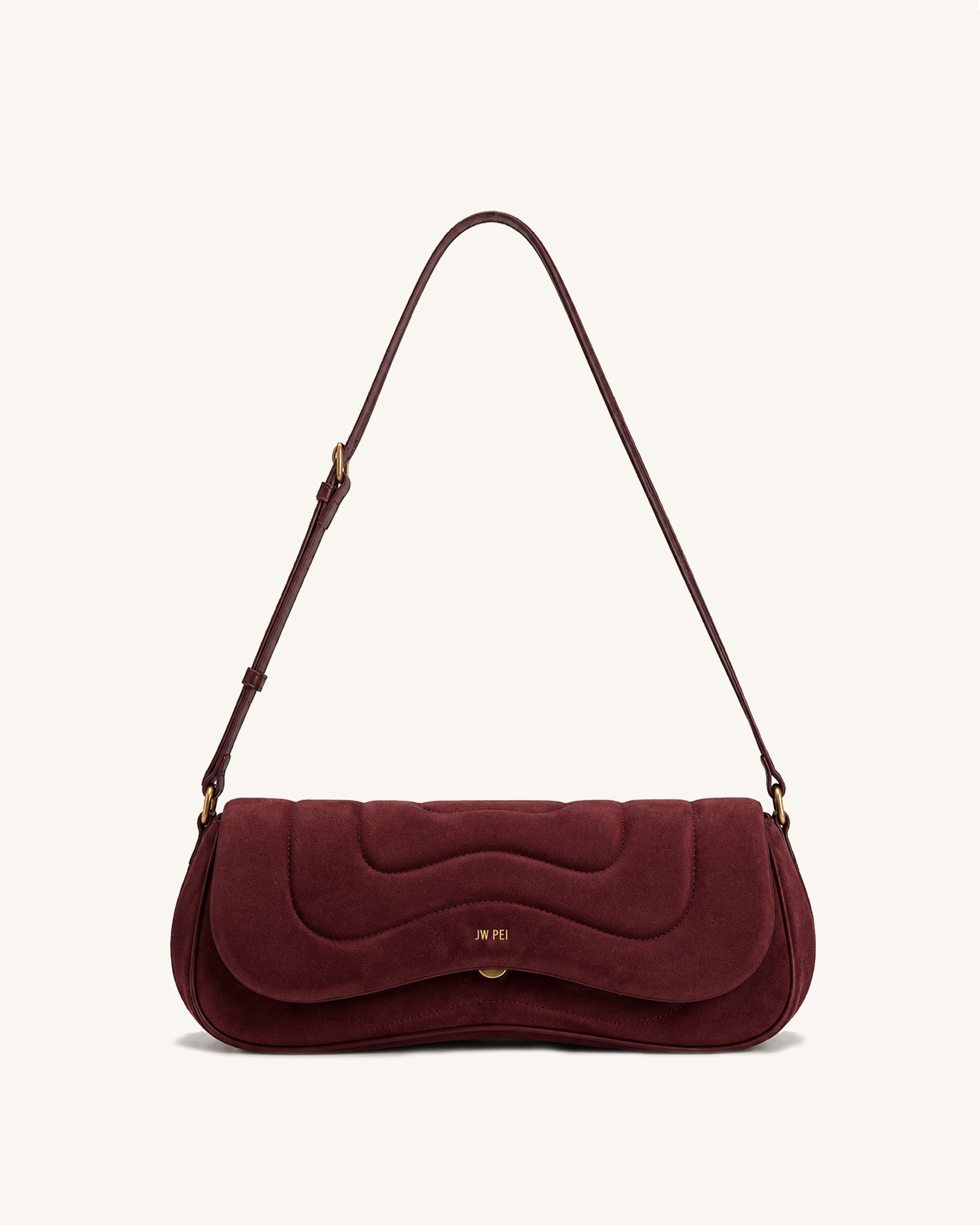 Tina Curved Quilted Faux Suede Shoulder Bag - Red