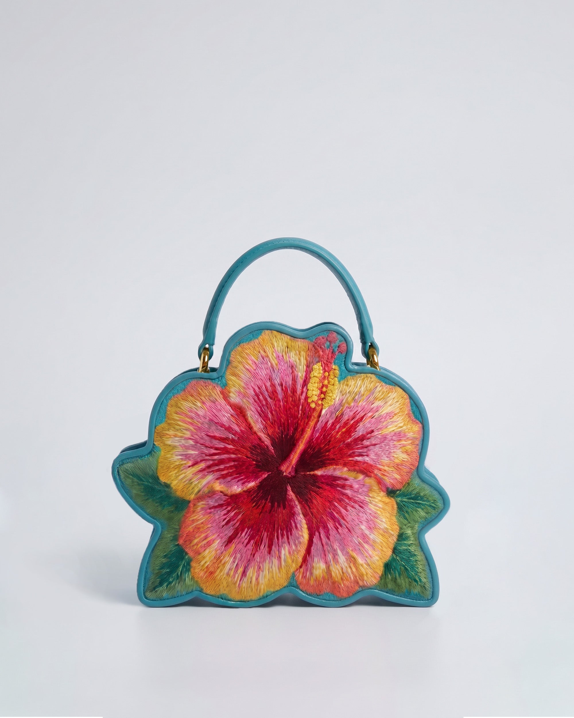 Hibiscus Embroidered Top Handle Bag - Turquoise