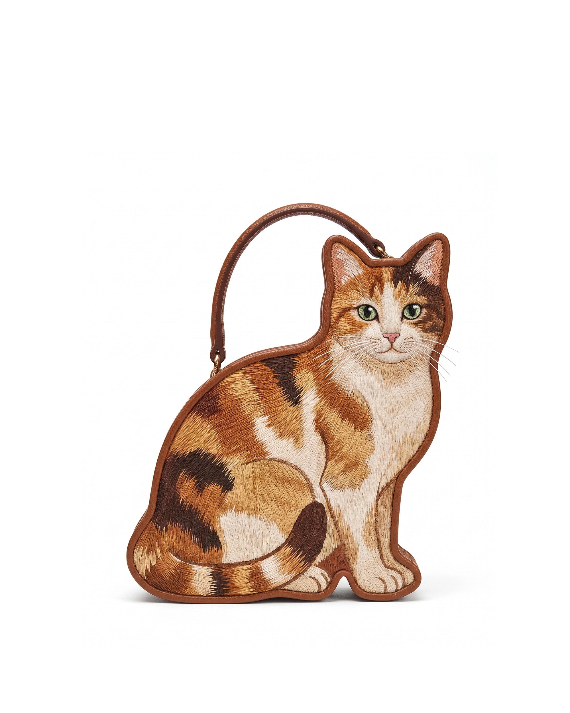 Embroidered Cat Top Handle Bag - Brown