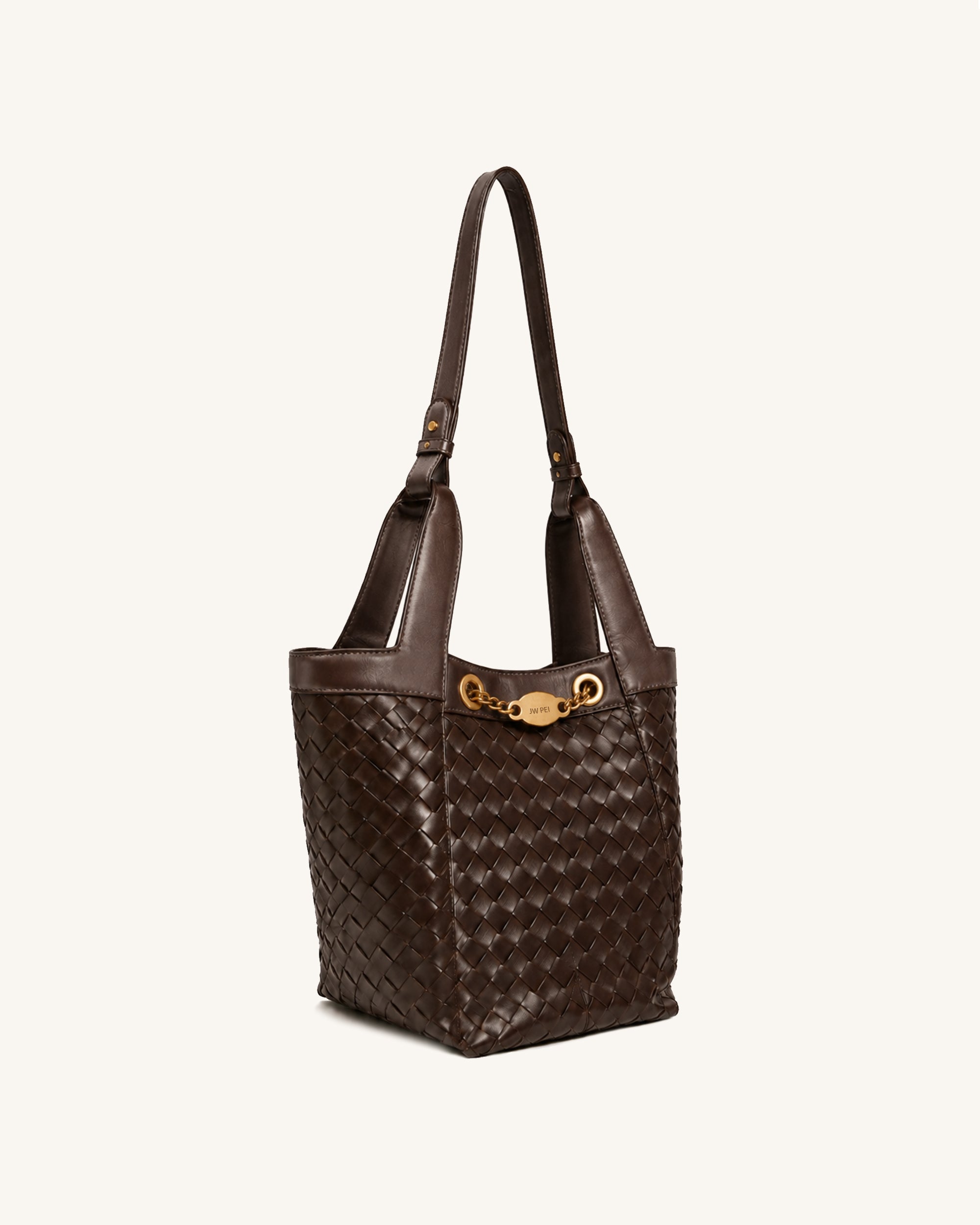 Yara Woven Top Handle Shoulder Bucket Bag - Dark Brown