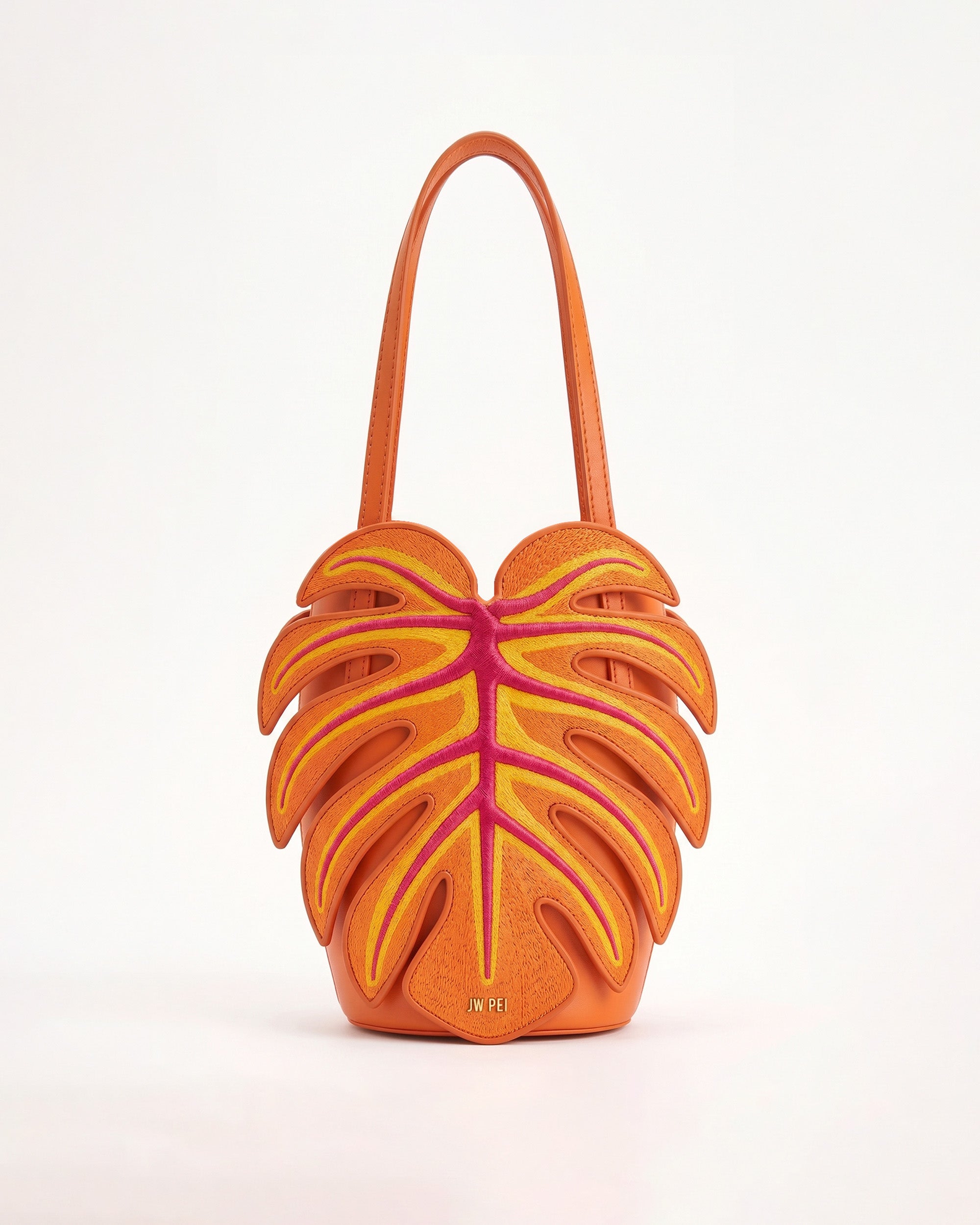 Embroidered Monstera Leaf Tote Bag - Orange