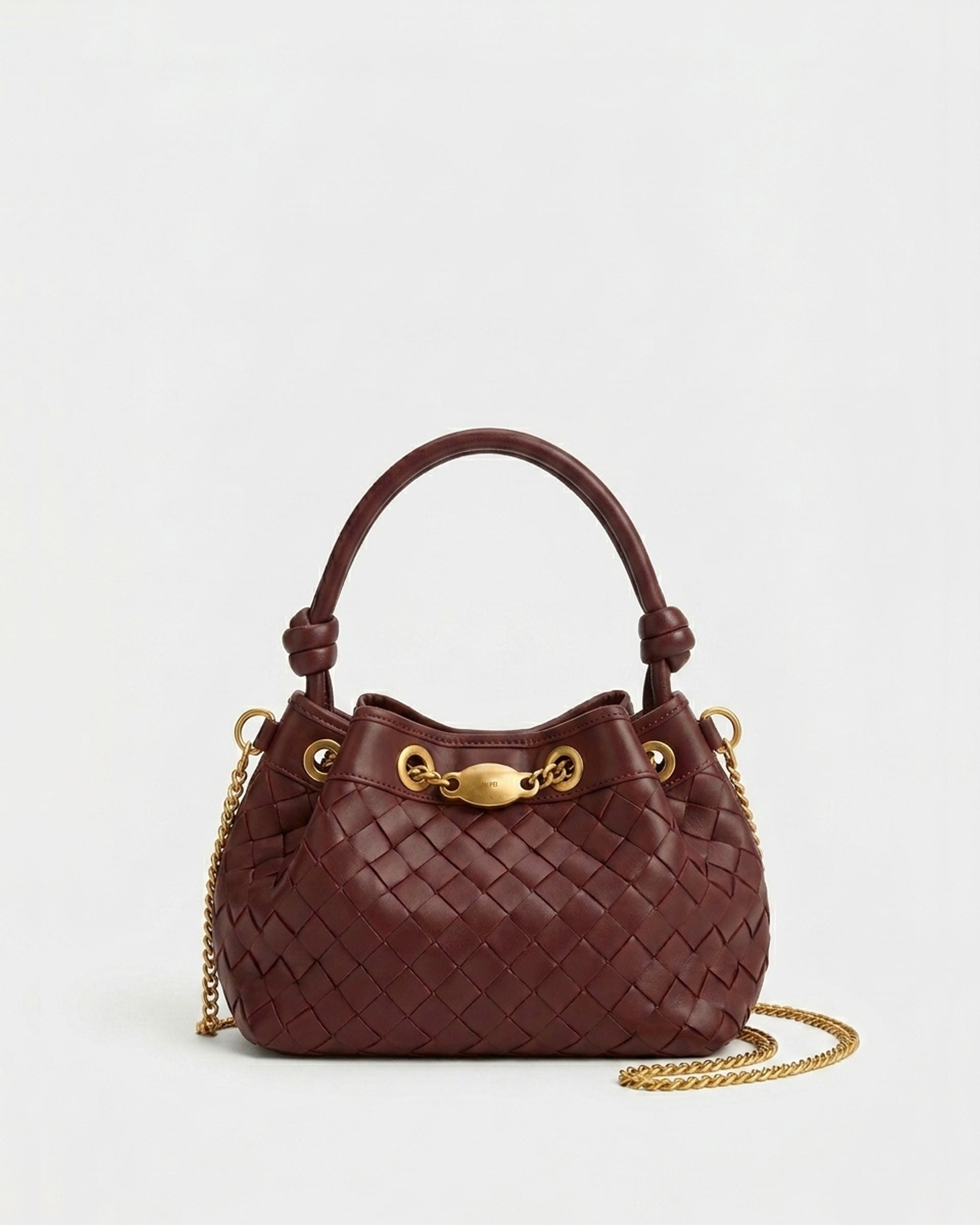 Yara Woven Top Handle Drawstring Bucket Bag - Burgundy