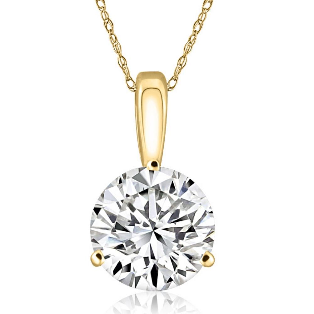 Certified 3Ct Round 3-Prong Diamond Pendant 14k Yellow Gold Lab Grown Necklace