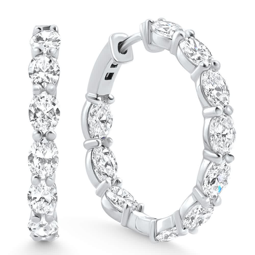 6Ct TW Oval Diamond Inside Outside Hoops Vault Lock 14k White Gold Lab Grown Size: 1" Tall