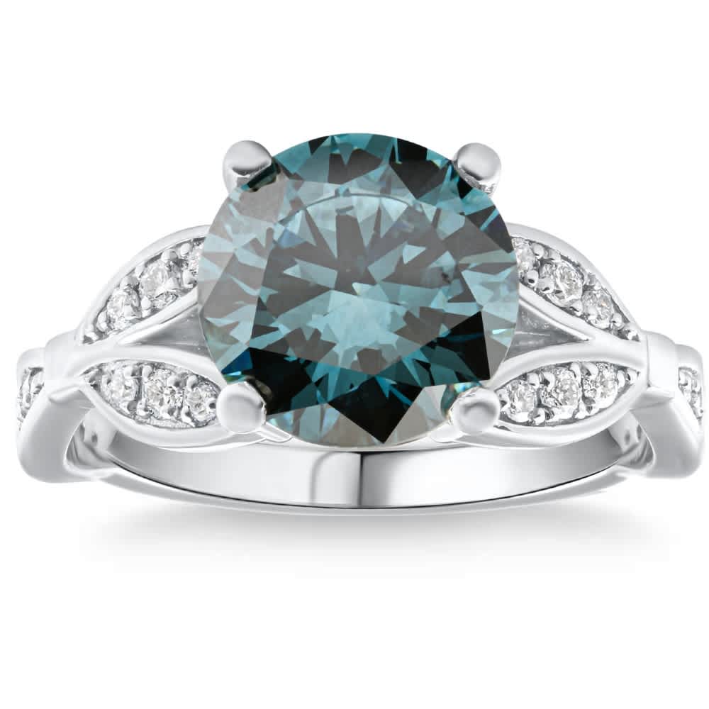 3 1/4Ct TW Blue & White Vintage Diamond Engagement Ring Lab Grown 10k White Gold