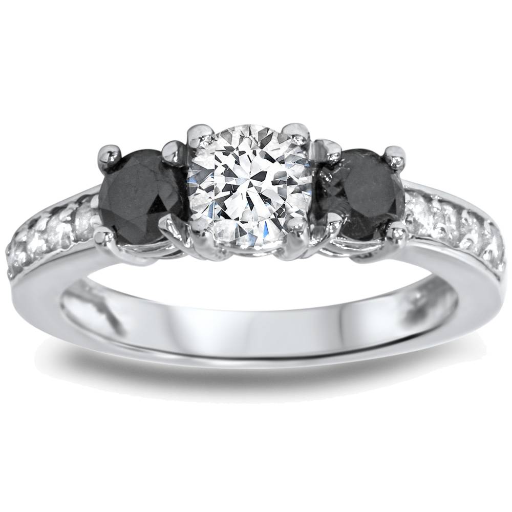 1ct Black & White Diamond 3 Stone Ring 14K White Gold Size Selectable