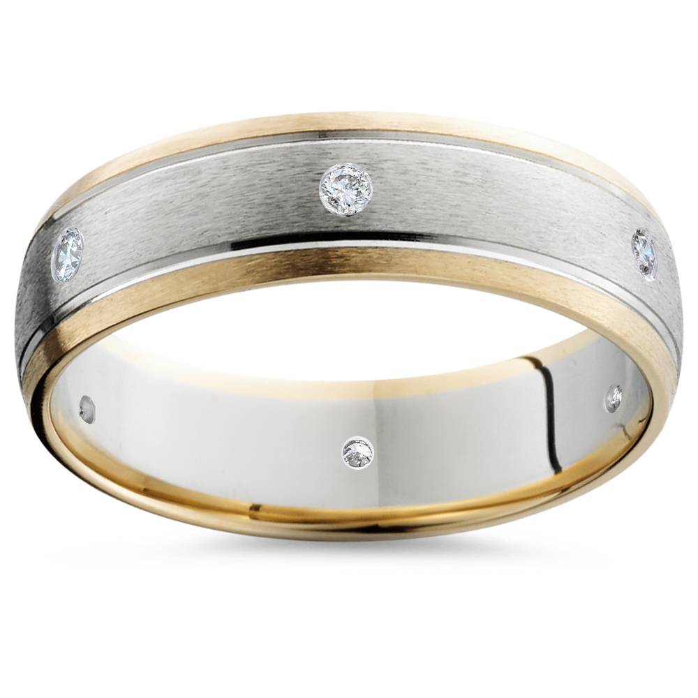 Mens Diamond 14K Gold 2-Tone Brushed Wedding Band 6MM Size Selectable