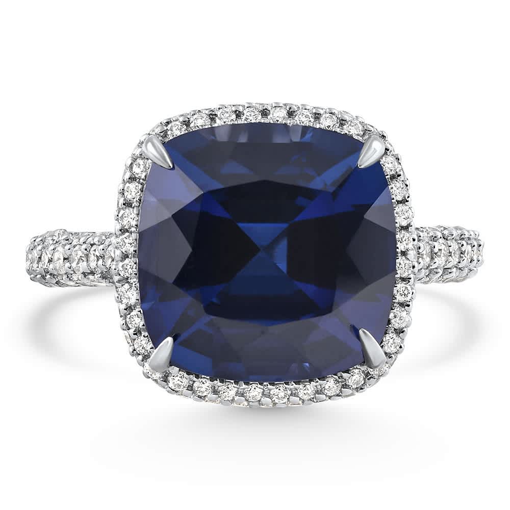 8.50Ct TW Cushion Blue Sapphire & pave Diamond Ring 14k White Gold Lab Grown Size: 6