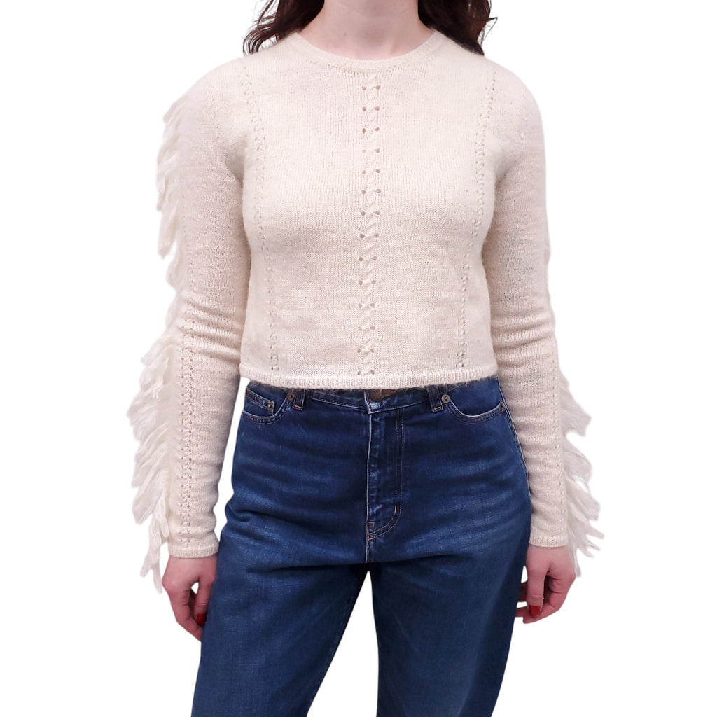 SAINT LAURENT WHITE FRINGE SWEATER - SIZE XS