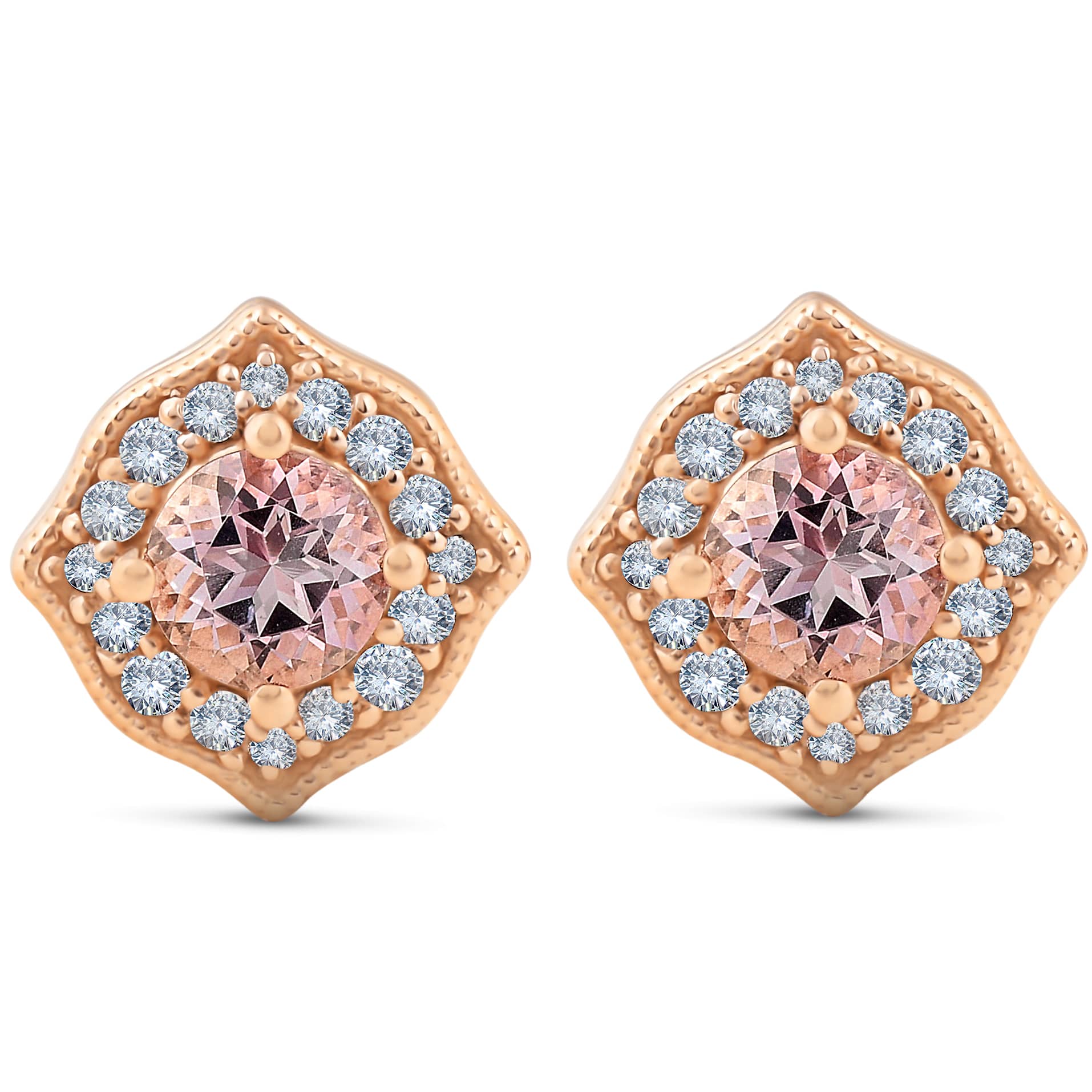 5/8ct Pink Topaz & Diamond Vintage Halo Studs 14k Rose Gold