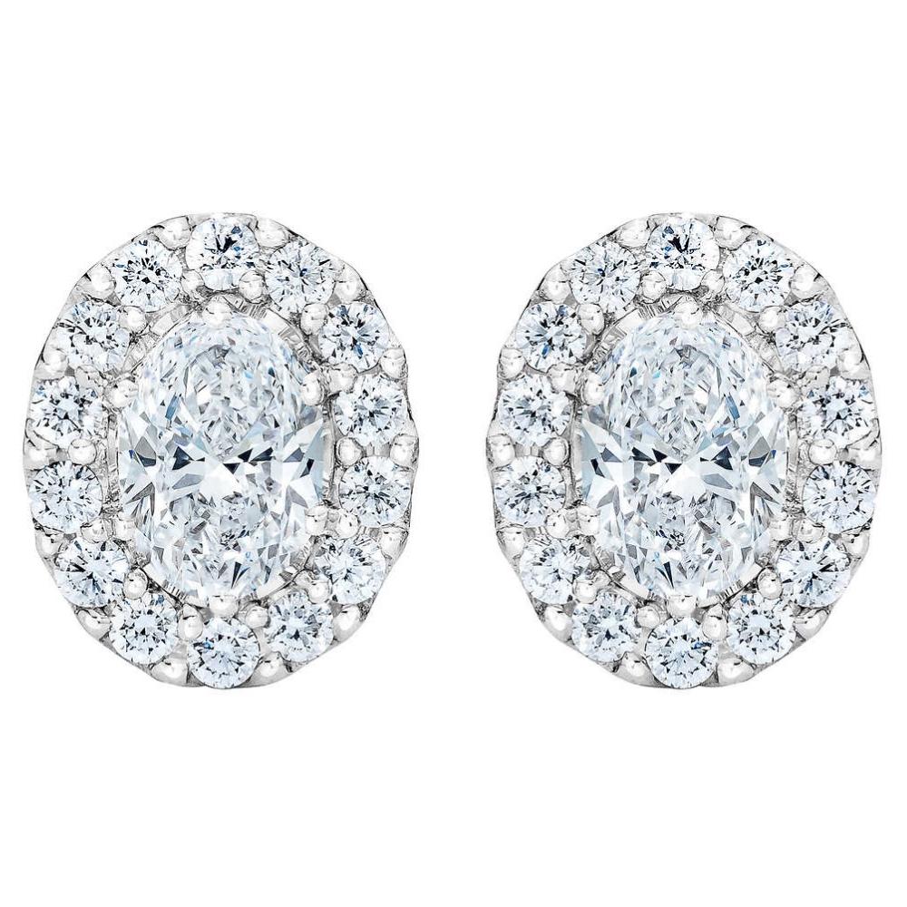 3/4Ct Oval Diamond Halo Earrings in White or Yellow Gold Lab Grown