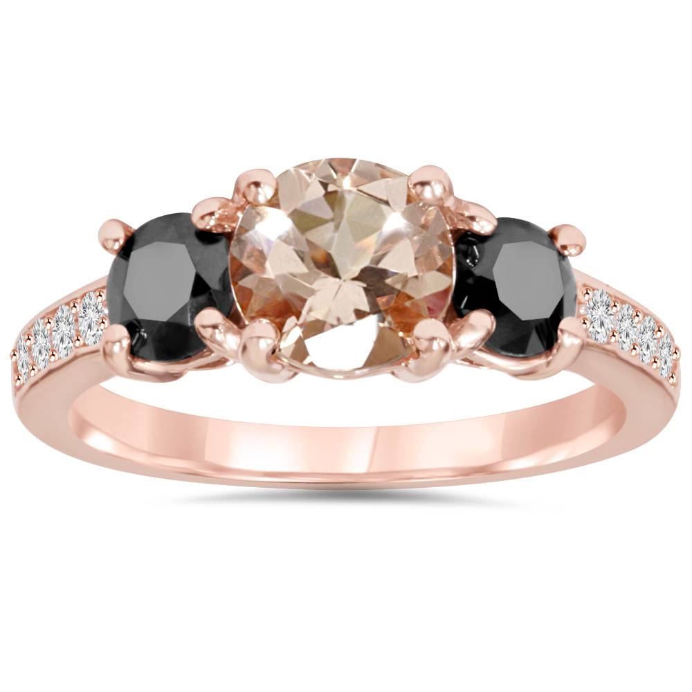 2.10Ct Morganite & Black Diamond Engagement 3-Stone Ring 14K Rose Gold Size Selectable