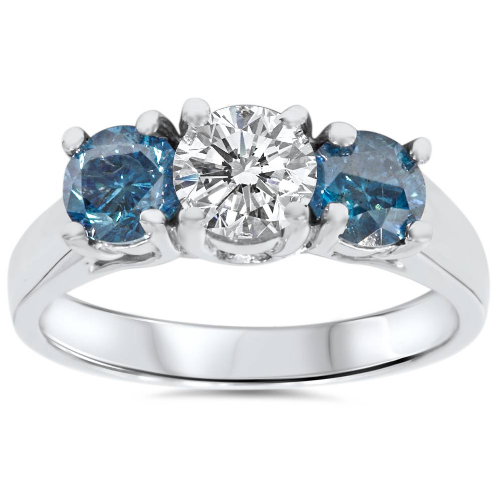 1 3/4ct Blue & White Diamond Three Stone Engagement 14K White Gold Ring Size Selectable